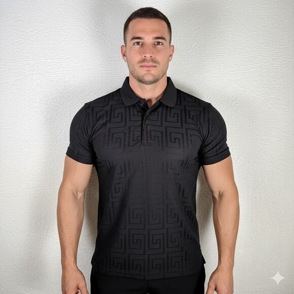 VIP Collection Men's Embossed Geometric Pattern Black Polo XL Luxury Greek Key - Picture 1 of 7
